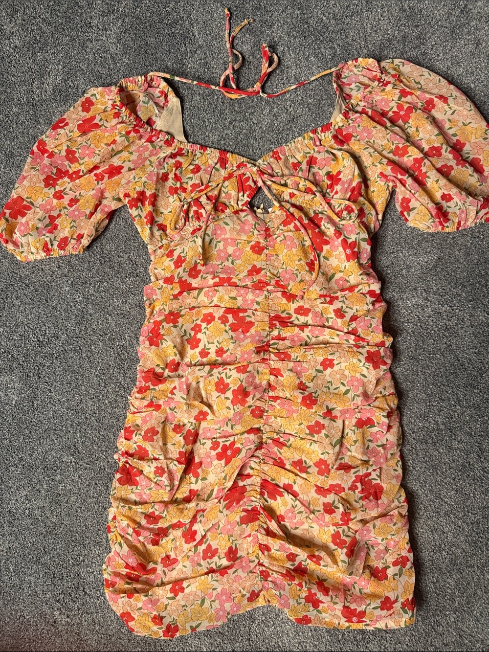 Floral Tie-Front Puff Sleeve Mini Dress in Red and Yellow